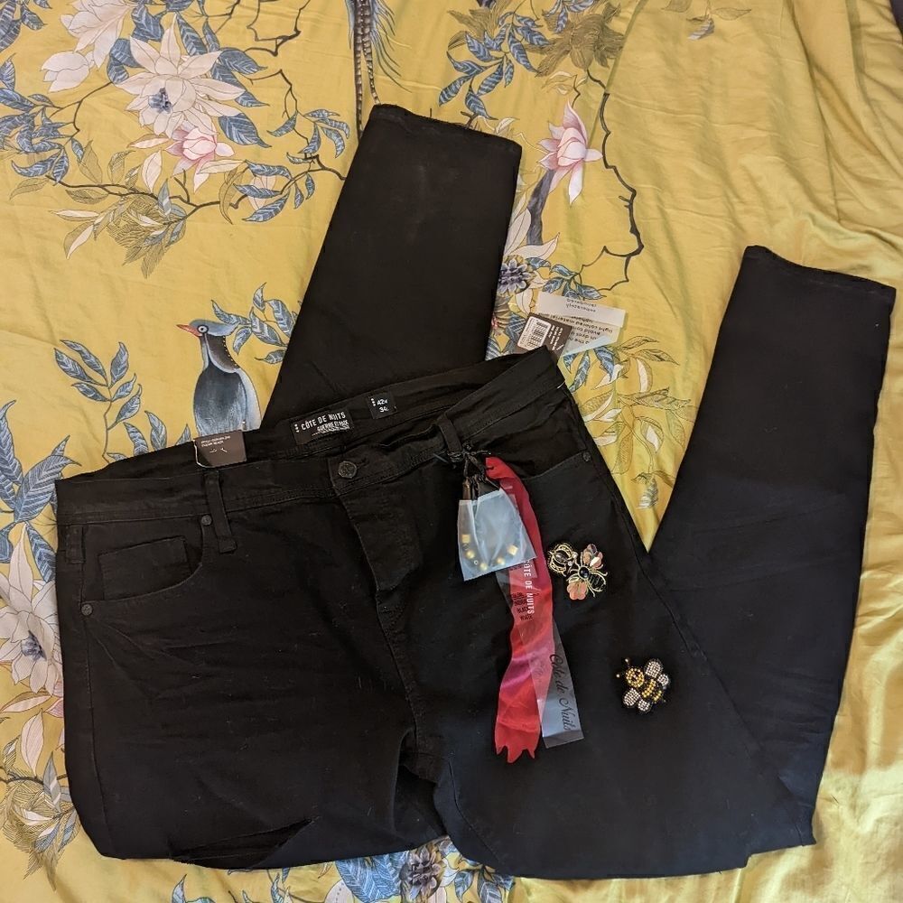 cote de Nuits black skinny jeans rhinestone panda embellishment 42w34l nwt - Picture 8 of 9